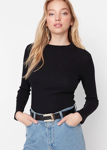 Siyah Uzun Kollu Dar Kesim Kadın cırtcırtlı Bluz - Görsel 7