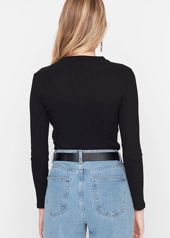 Siyah Uzun Kollu Dar Kesim Kadın cırtcırtlı Bluz - Görsel 5