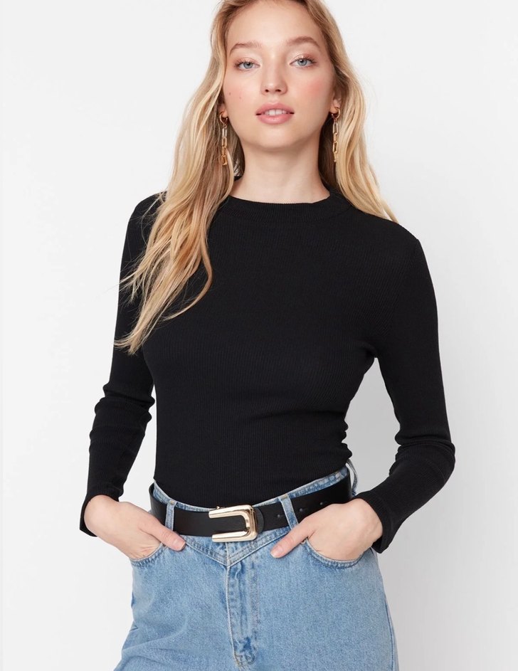 Siyah Uzun Kollu Dar Kesim Kadın cırtcırtlı Bluz - Görsel 2