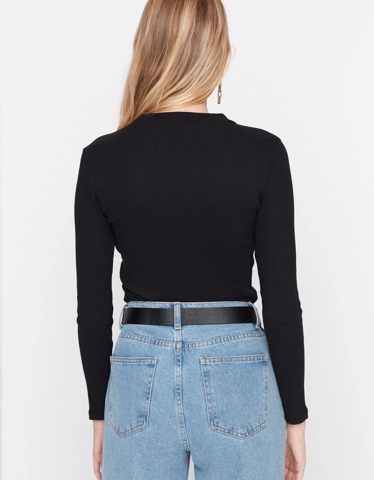 Siyah Uzun Kollu Dar Kesim Kadın cırtcırtlı Bluz - Görsel 5