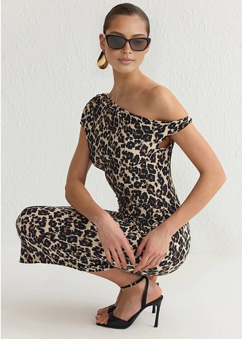 Leopar Desenli Drapeli Mini Elbise - Görsel 5