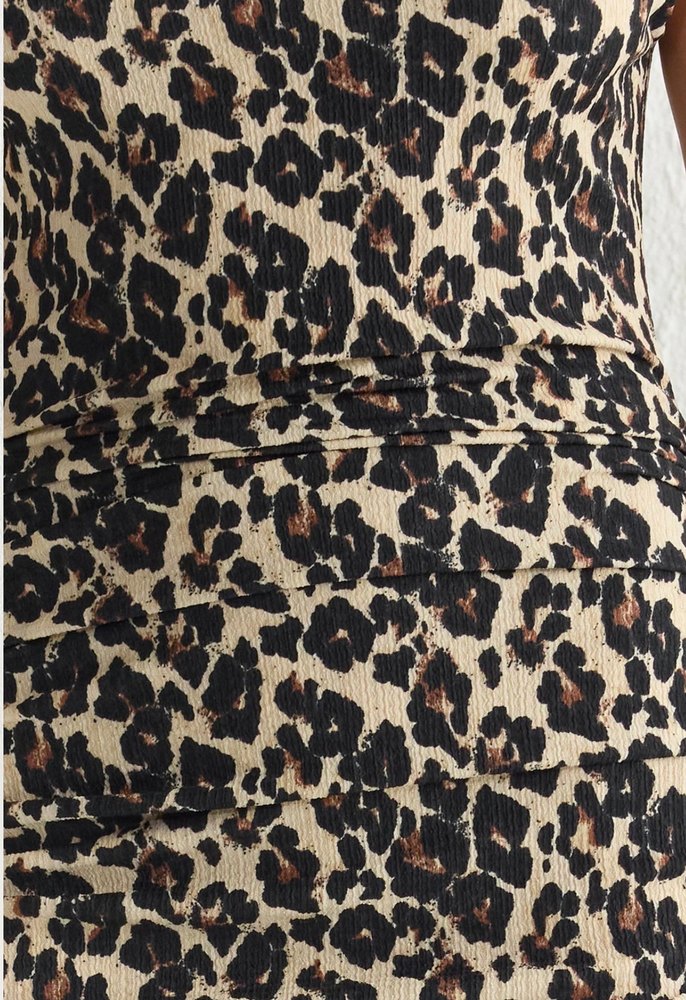 Leopar Desenli Drapeli Mini Elbise - Görsel 3