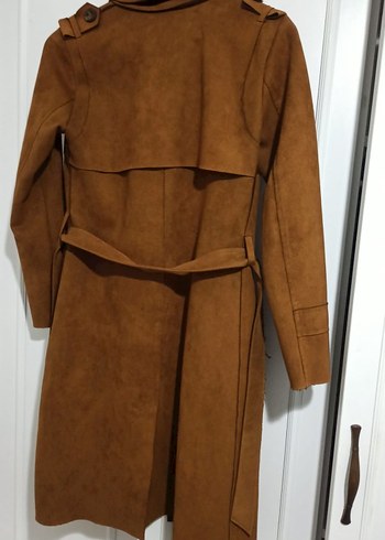 Kahverengi Süet Kadın Trençkot, Kuşaklı, Uzun - Görsel 4