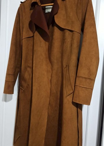 Kahverengi Süet Kadın Trençkot, Kuşaklı, Uzun - Görsel 3