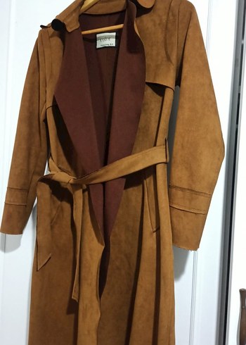 Kahverengi Süet Kadın Trençkot, Kuşaklı, Uzun - Görsel 2