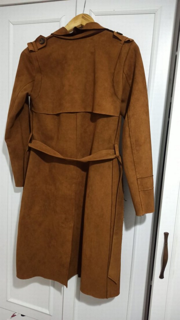 Kahverengi Süet Kadın Trençkot, Kuşaklı, Uzun - Görsel 4