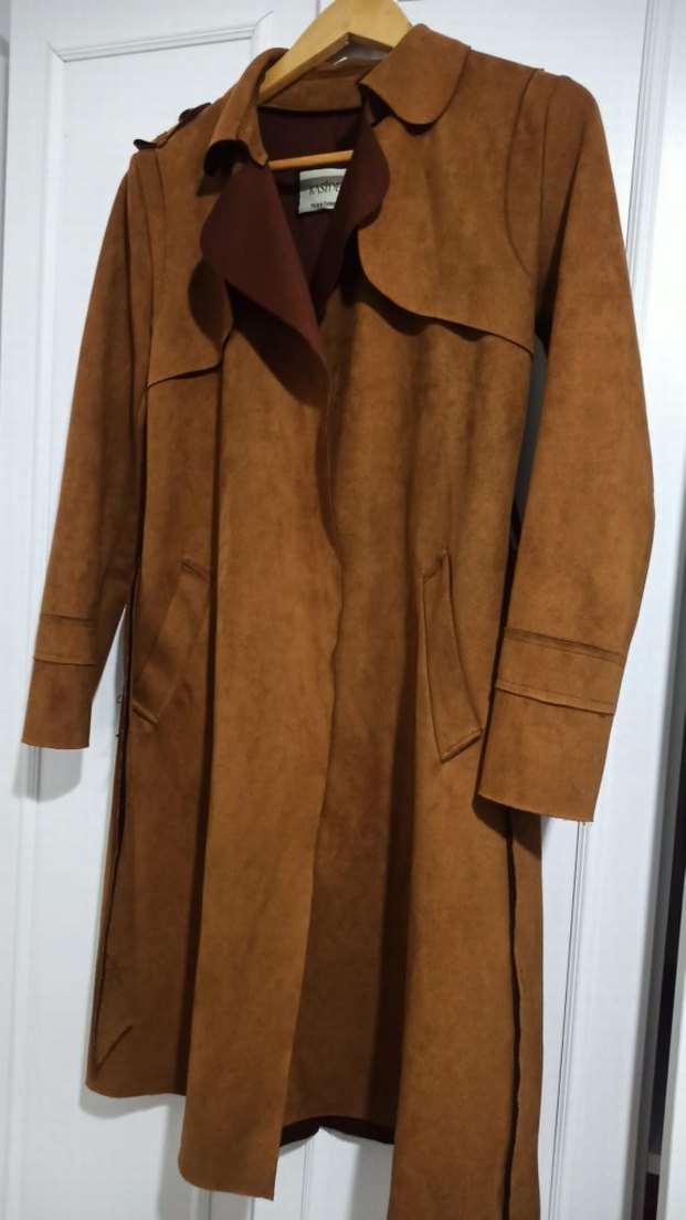 Kahverengi Süet Kadın Trençkot, Kuşaklı, Uzun - Görsel 3