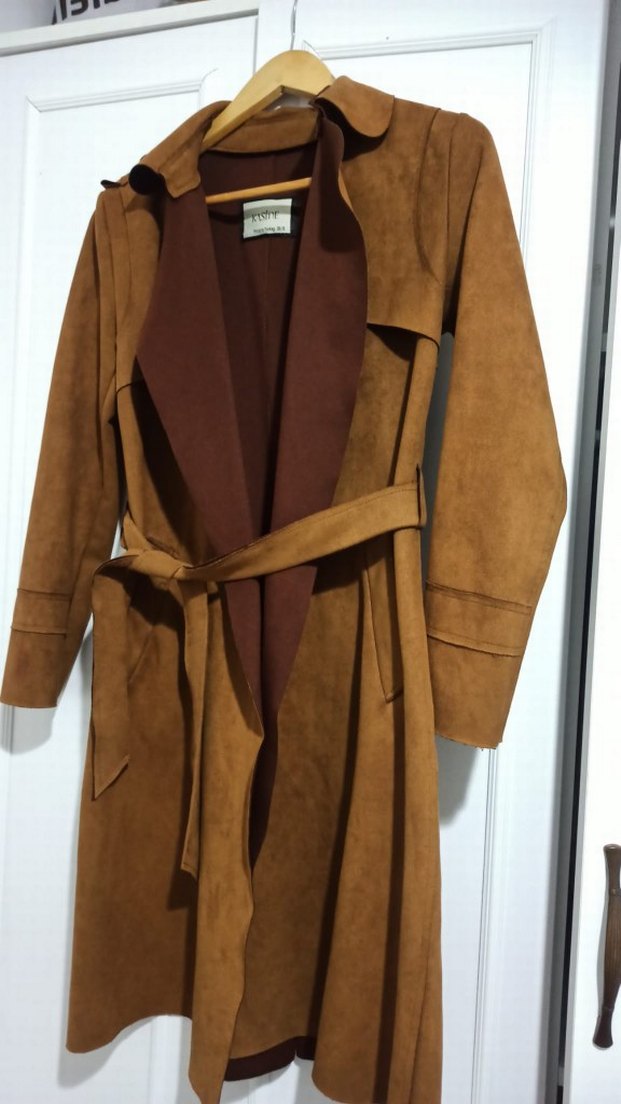 Kahverengi Süet Kadın Trençkot, Kuşaklı, Uzun - Görsel 2