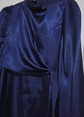 Lacivert Uzun Kollu Drapeli Kadın Elbise - Görsel 2