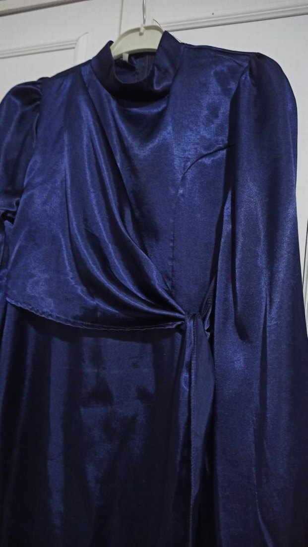 Lacivert Uzun Kollu Drapeli Kadın Elbise - Görsel 2