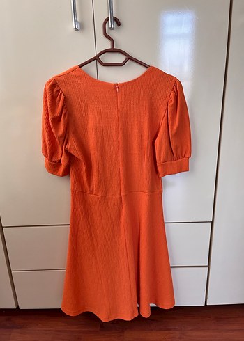 Diğer Turuncu Midi Keten Elbise, Kısa Kollu, Pilili