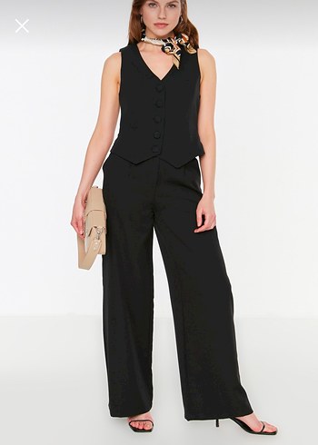 Siyah Fitted düğmeli , Crop dokuma , V Yakalı Kadın Yelek - Görsel 3