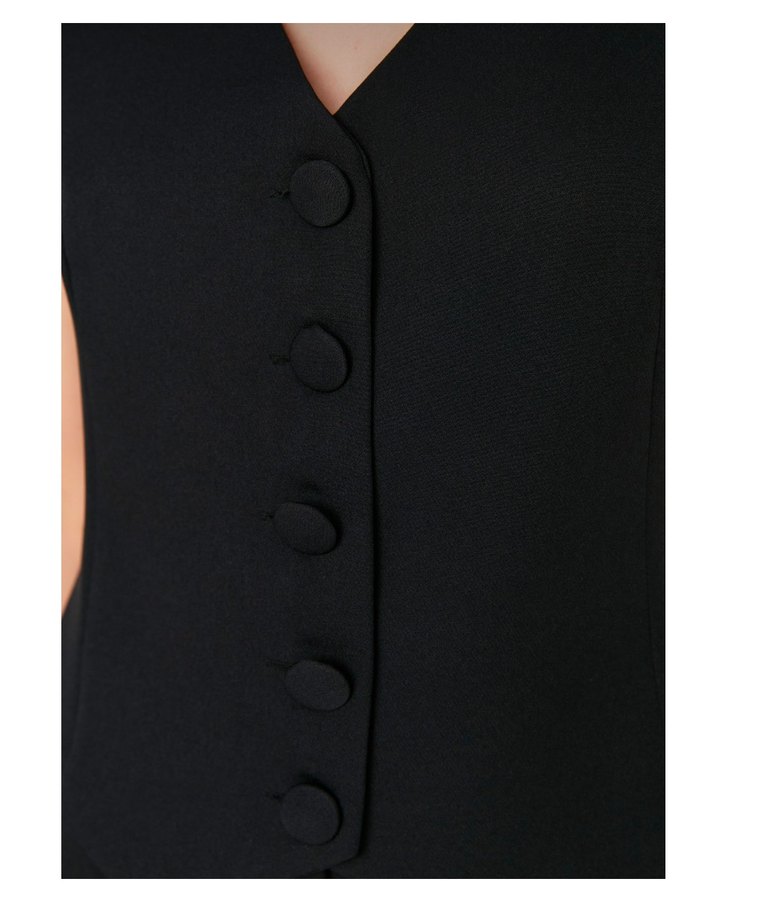 Siyah Fitted düğmeli , Crop dokuma , V Yakalı Kadın Yelek - Görsel 4
