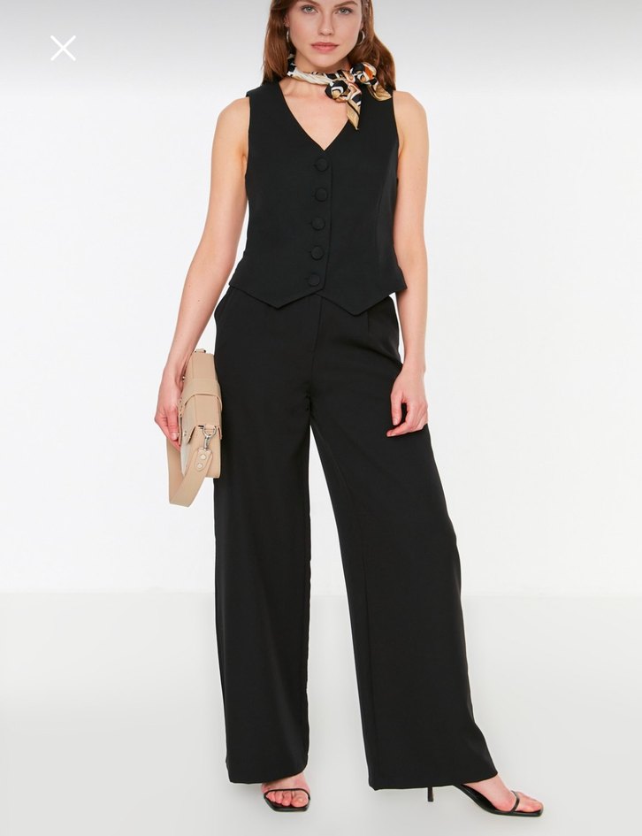 Siyah Fitted düğmeli , Crop dokuma , V Yakalı Kadın Yelek - Görsel 3