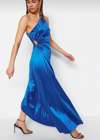 Saks asimetrik Pilise detaylı Saten şık abiye gece elbisesi - Görsel 4