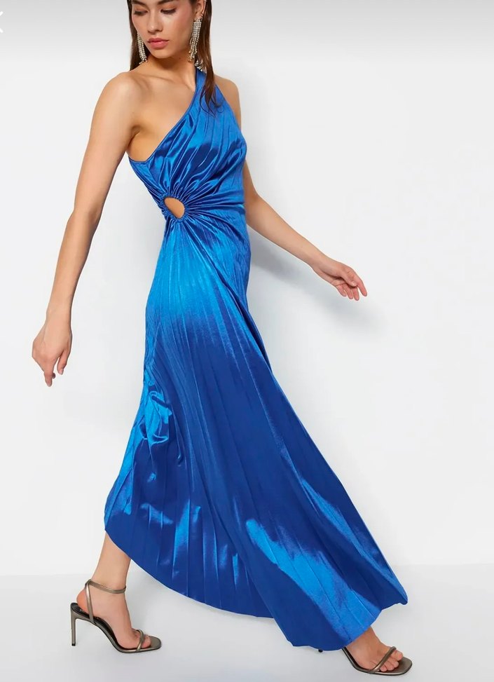 Saks asimetrik Pilise detaylı Saten şık abiye gece elbisesi - Görsel 4