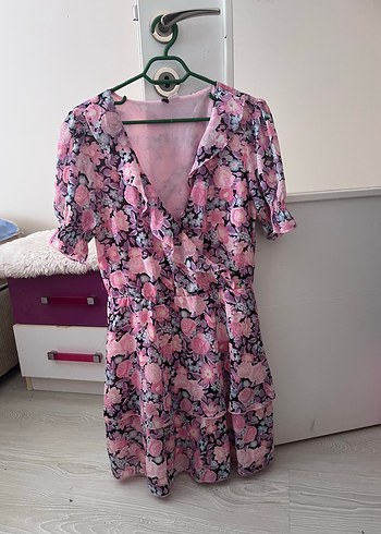H&M Pembe Çiçek Desenli Mini elbise