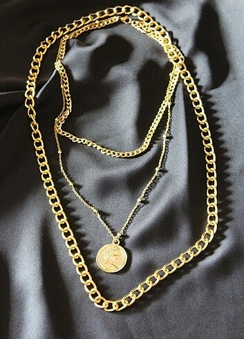 Çelik gold altın kaplama para madalyon zincir kombin çoklu kolye