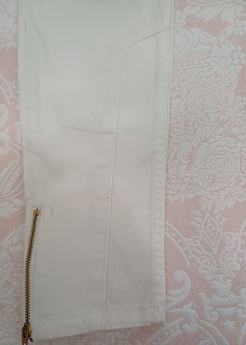 Beyaz Kadın Denim Pantolon, Normal Boy, Fermuarlı - Görsel 2