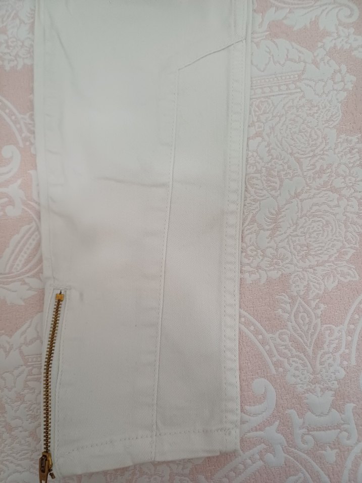 Beyaz Kadın Denim Pantolon, Normal Boy, Fermuarlı - Görsel 2