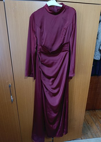 Bordo Uzun Kollu Kadın Abiye Elbise - Görsel 2