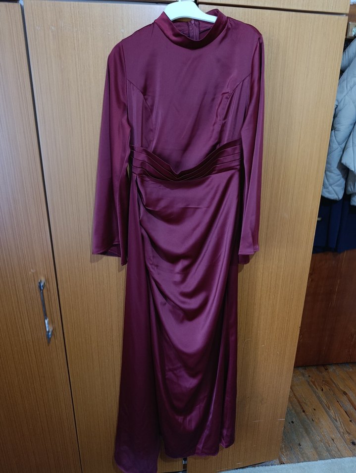 Bordo Uzun Kollu Kadın Abiye Elbise - Görsel 2