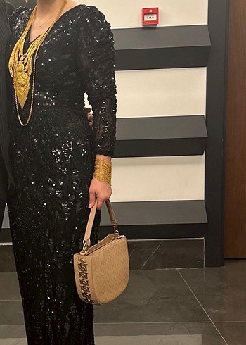 Boncuk İşlemeli Siyah Yılan Desenli Uzun Abiye Elbise - Görsel 2