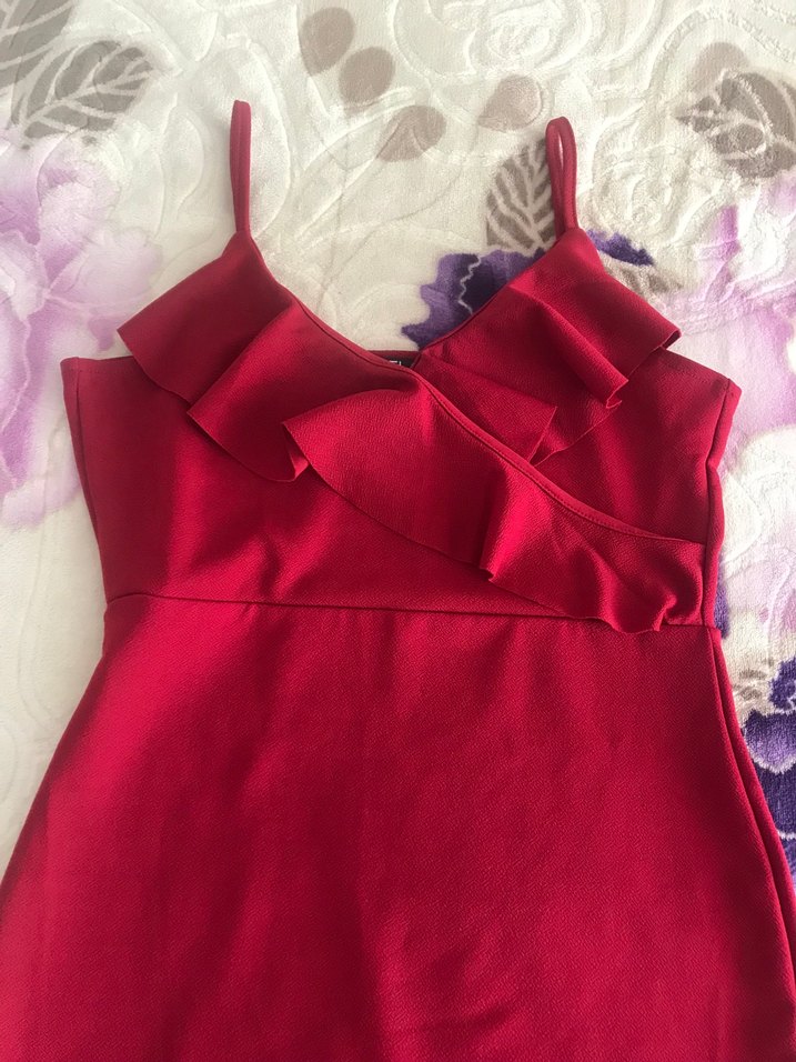 Bordo Fırfırlı İnce Askılı Elbise - Görsel 3