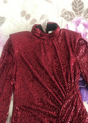 Bordo Payetli elbise - Görsel 7