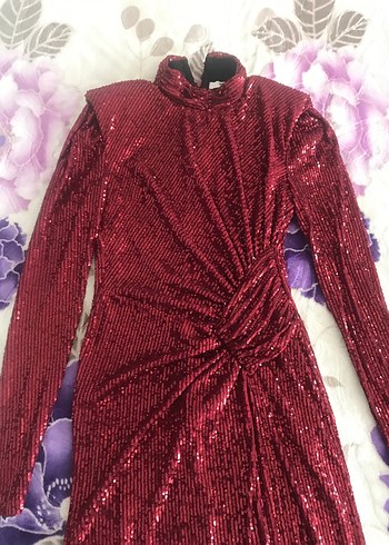 Bordo Payetli elbise - Görsel 5