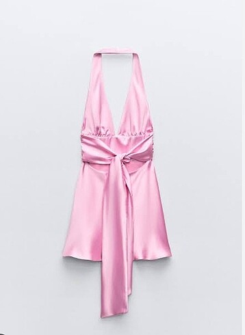 Zara Zara boyundan bağlamalı pembe mini saten elbise
