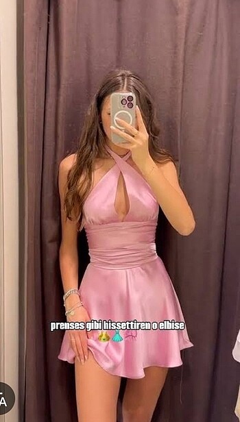 Zara boyundan bağlamalı pembe mini saten elbise