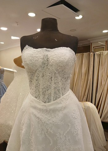 Askısız Beyaz A-Line Dantel Gelinlik - Görsel 2