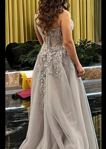 Boncuk İşlemeli Straplez Uzun Abiye Elbise - Görsel 2