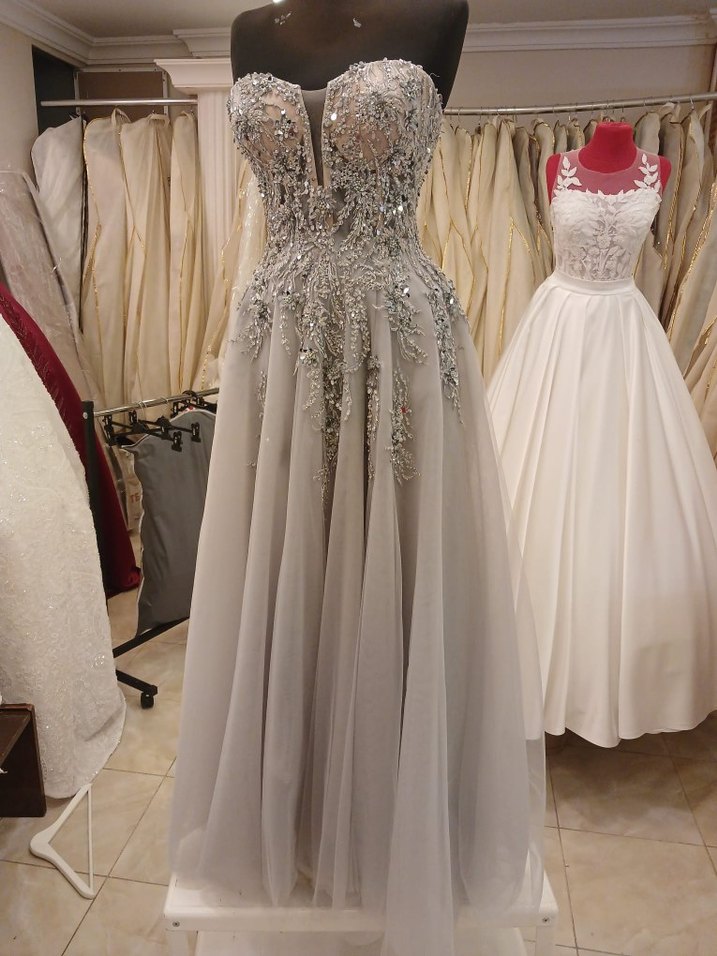 Boncuk İşlemeli Straplez Uzun Abiye Elbise - Görsel 3