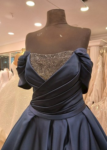 Lacivert Drape Detaylı Uzun Abiye Elbise - Görsel 2