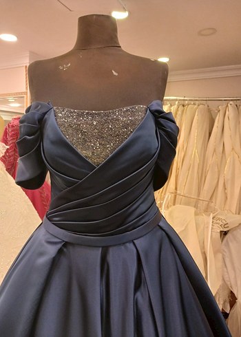 Lacivert Drape Detaylı Uzun Abiye Elbise - Görsel 3