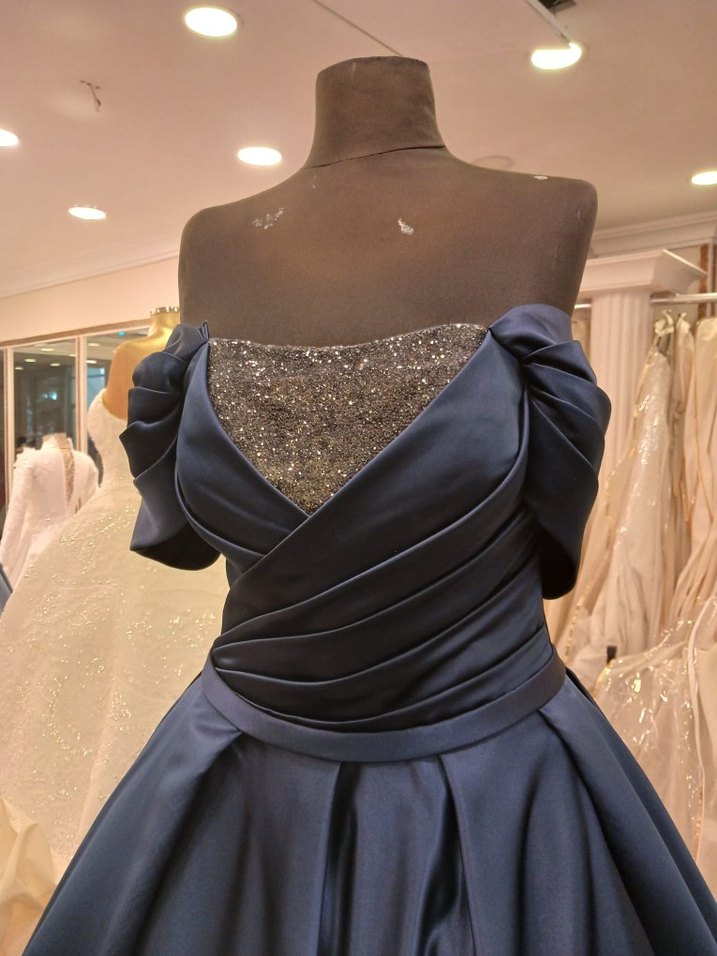 Lacivert Drape Detaylı Uzun Abiye Elbise - Görsel 2