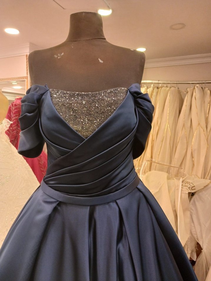 Lacivert Drape Detaylı Uzun Abiye Elbise - Görsel 3