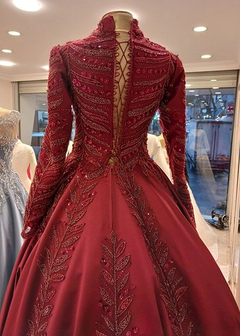 İnci İşlemeli Bordo Uzun Kollu Abiye Elbise - Görsel 4