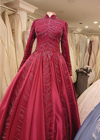 İnci İşlemeli Bordo Uzun Kollu Abiye Elbise - Görsel 2