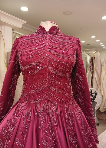 İnci İşlemeli Bordo Uzun Kollu Abiye Elbise - Görsel 3