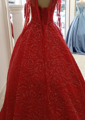 Uzun Kollu Klasik Kırmızı Abiye - Görsel 2