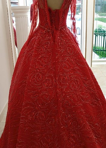 Uzun Kollu Klasik Kırmızı Abiye - Görsel 3