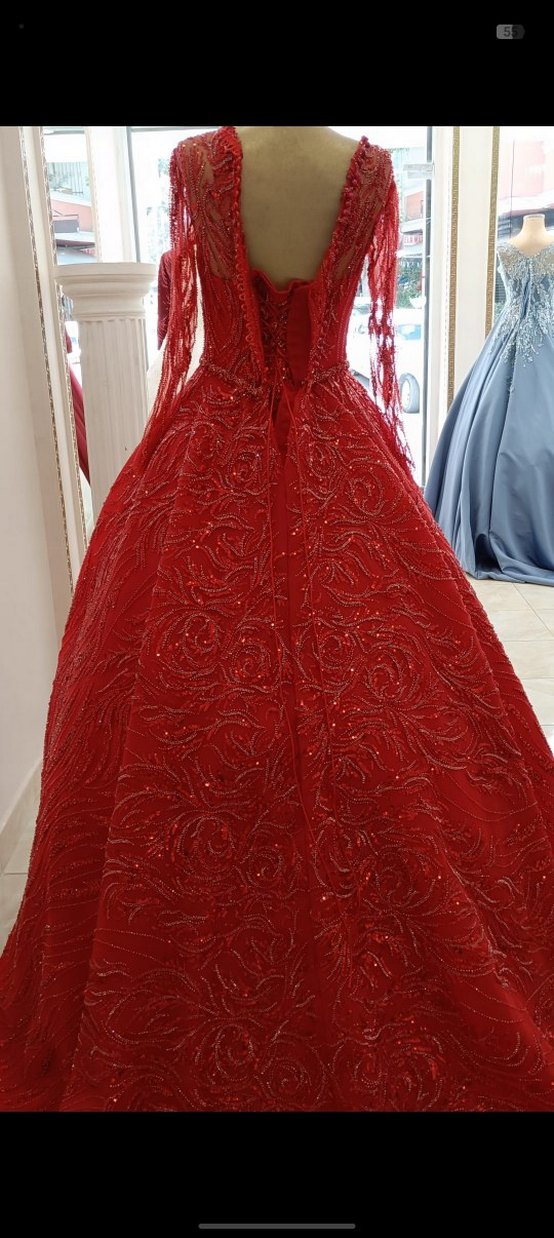 Uzun Kollu Klasik Kırmızı Abiye - Görsel 2