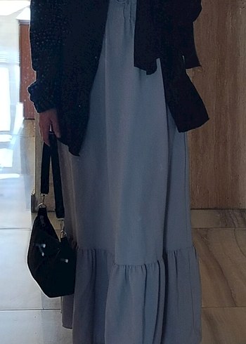 Gri Bohem Uzun Keten Elbise - Görsel 2