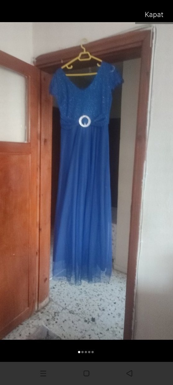 Mavi Parlak Uzun Abiye Elbise - Görsel 5