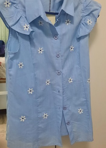 Mavi Keten Kadın Gömlek Düğmeli ve Kısa Kollu - Görsel 3