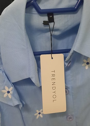 Mavi Keten Kadın Gömlek Düğmeli ve Kısa Kollu - Görsel 2