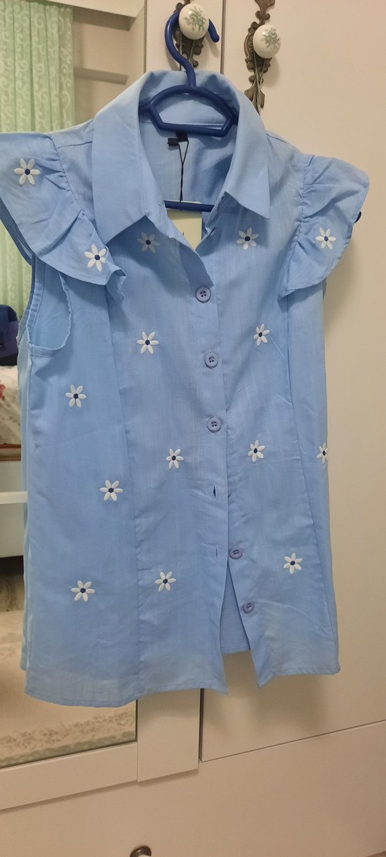 Mavi Keten Kadın Gömlek Düğmeli ve Kısa Kollu - Görsel 3